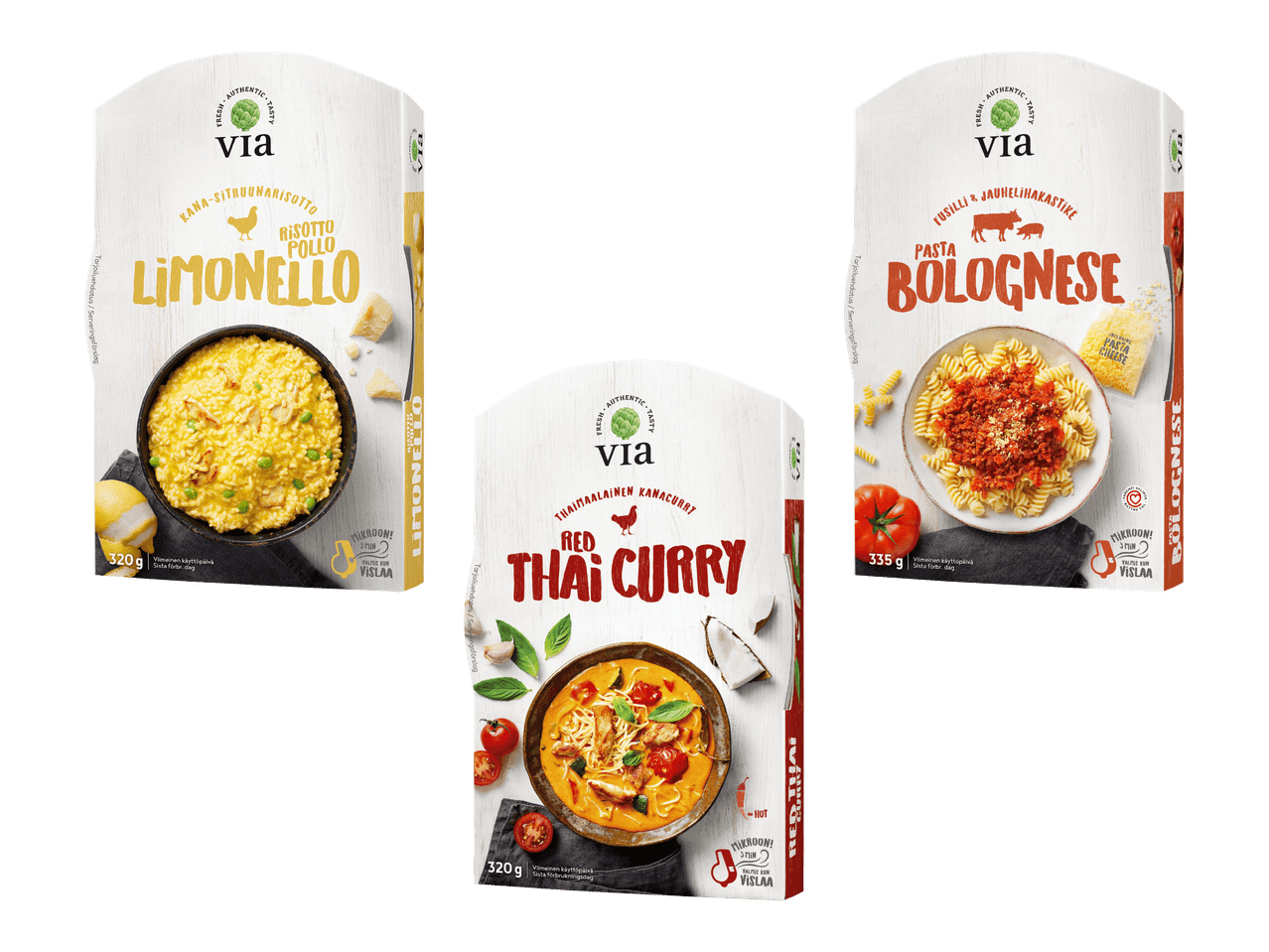 Kolme erilaista valmisruokapakkausta: sitruunarisotto, punainen thaicurry ja pasta bolognese.