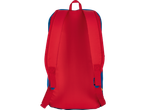 Uma mochila vermelha com detalhes azuis, vista de trás.