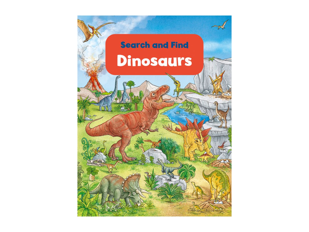 Colorful illustration of various dinosaurs in a prehistoric landscape with a volcano, titled 'Search and Find Dinosaurs'.