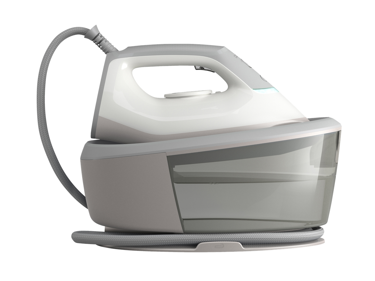 Sustav za glačanje s parnom postajom u bijeloj i sivoj boji s prozirnim spremnikom za vodu.