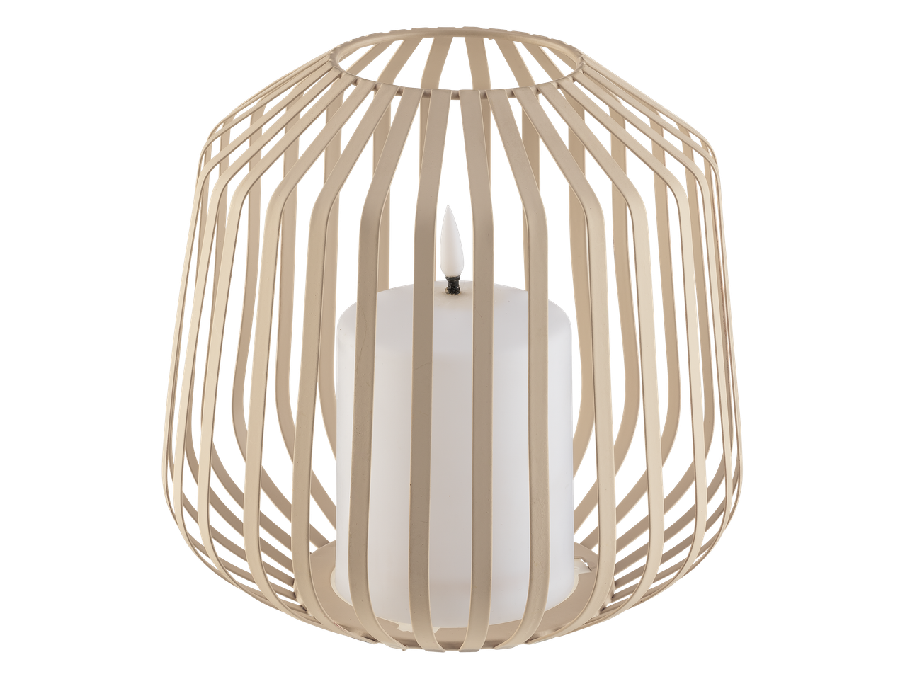 Lanterne décorative en bois clair avec une bougie blanche allumée à l'intérieur.
