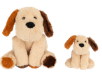 Two plush dog toys, one large and one small, with tan bodies and brown ears.