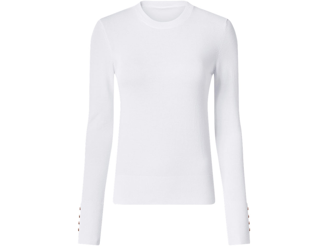 Fehér, hosszú ujjú női pulóver, gombokkal a mandzsettán.