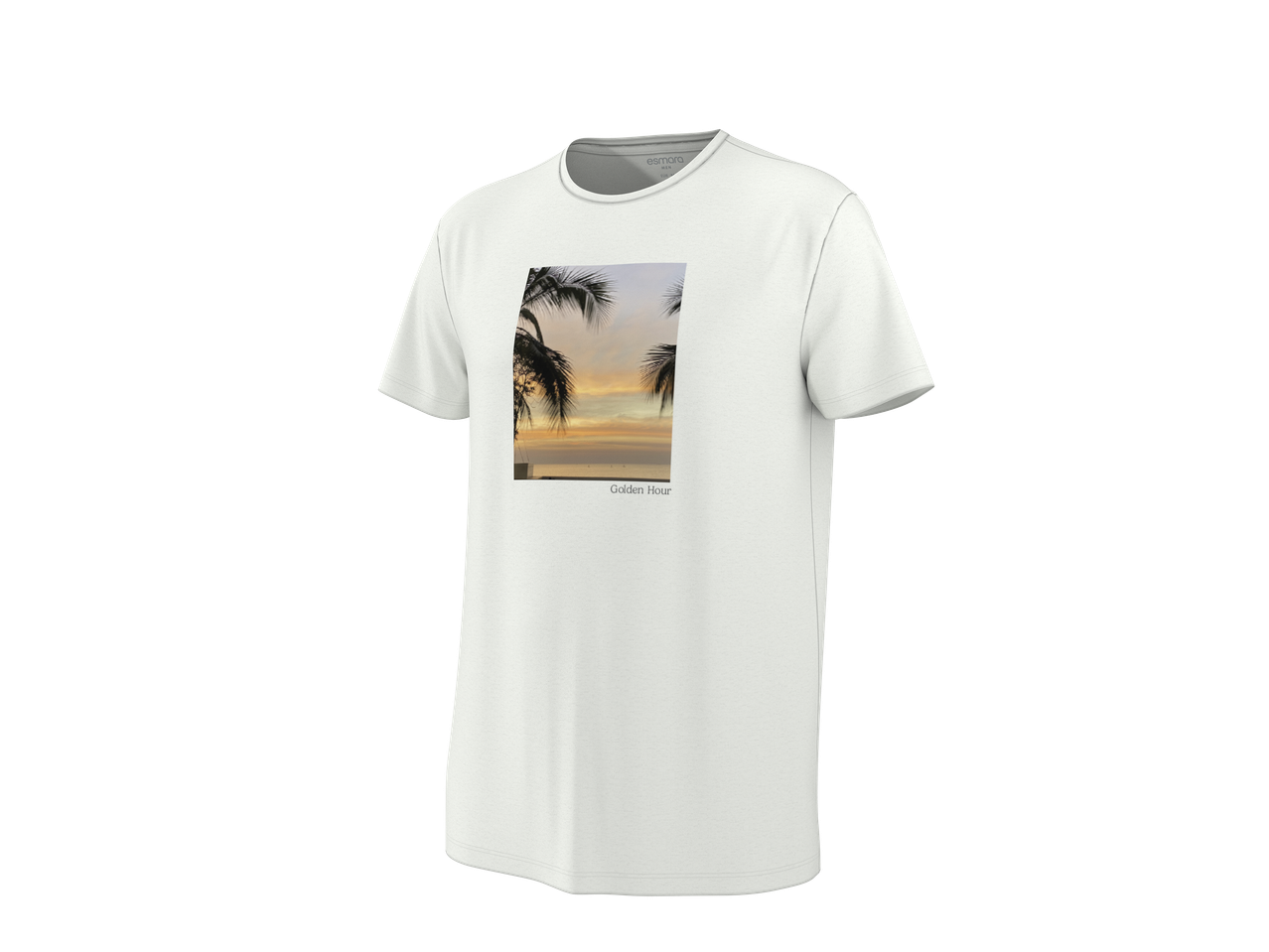 T-shirt blanc avec un imprimé de palmiers au coucher du soleil et le texte « Golden Hour ».