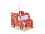 Wooden fire truck toy with a white string handle, featuring tools and a fire department emblem.