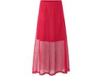 A red knit maxi skirt with a sheer mesh overlay.