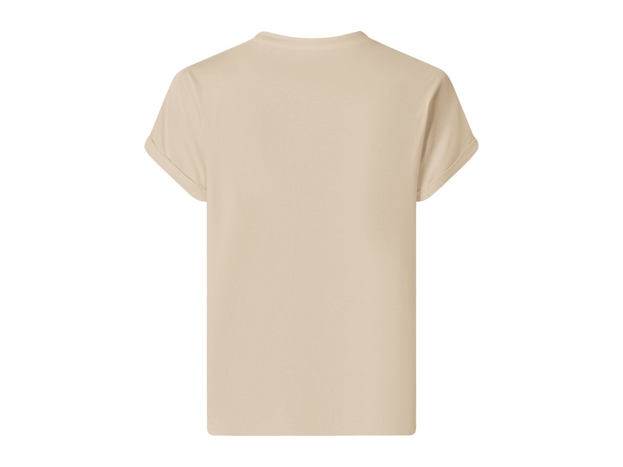 Back view of a plain beige short-sleeved t-shirt with rolled-up sleeves.