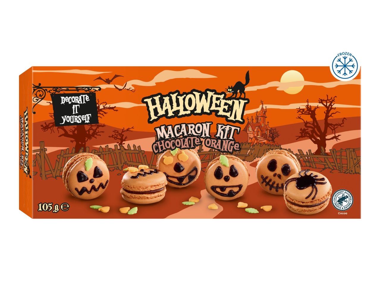 Halloween Macaron Kit, chocolate orange flavor, with macarons decorated as pumpkins and spiders.