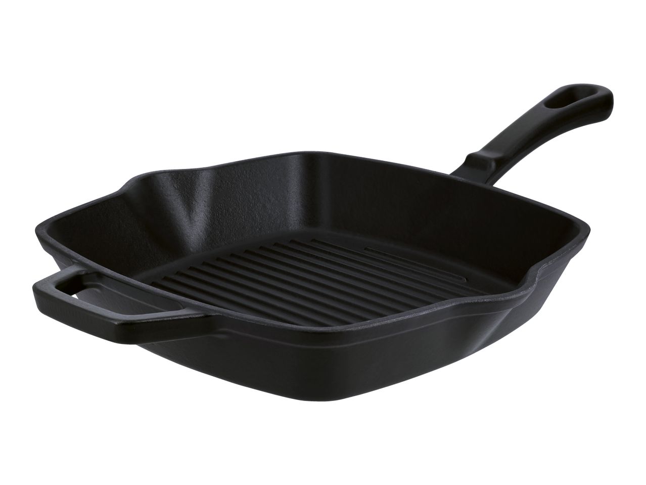 Black cast iron square grill pan with a handle and ribbed cooking surface.