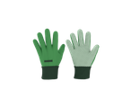 Um par de luvas de jardinagem verdes, uma com superfície lisa, a outra com pontos antiderrapantes.