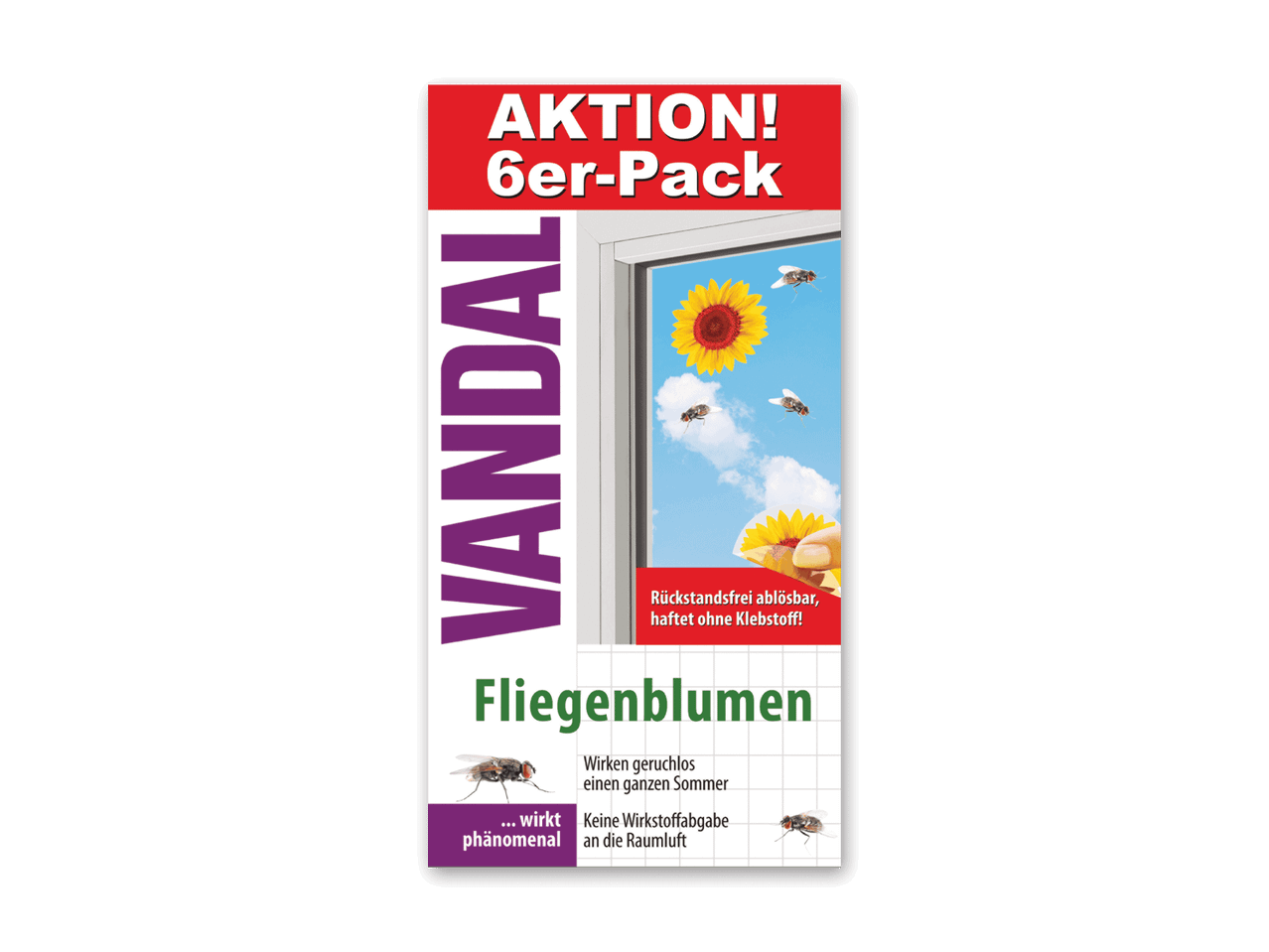 Packung Fliegenblumen mit der Aufschrift „AKTION! 6er-Pack“ und „Rückstandsfrei ablösbar, haftet ohne Klebstoff!“
