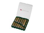 Open green case with a large assortment of golden drill bits of various sizes.