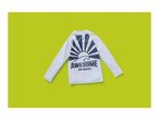 White long-sleeve rash guard with a dark blue sun and wave graphic that says 'AWESOME wave'.
