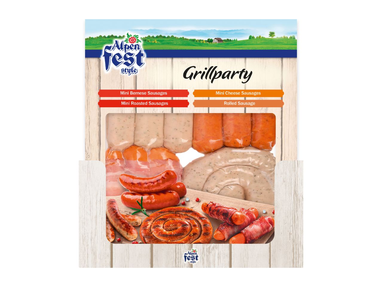 Assorted grill sausages pack including mini cheese, roasted, and rolled sausages.