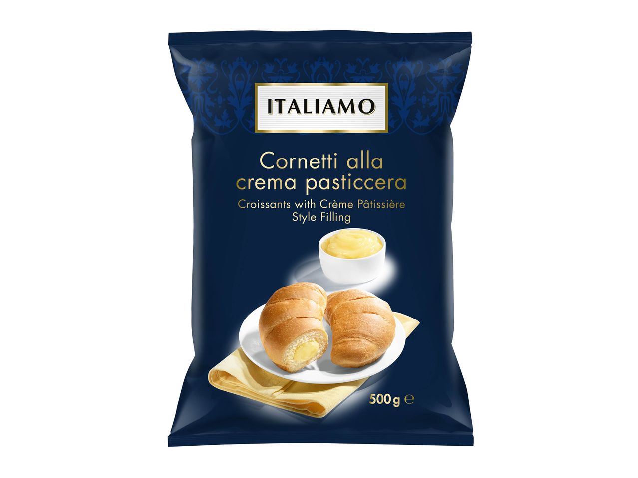 Sac de Cornetti alla crema pasticcera Italimo (500g), croissants fourrés à la crème pâtissière.
