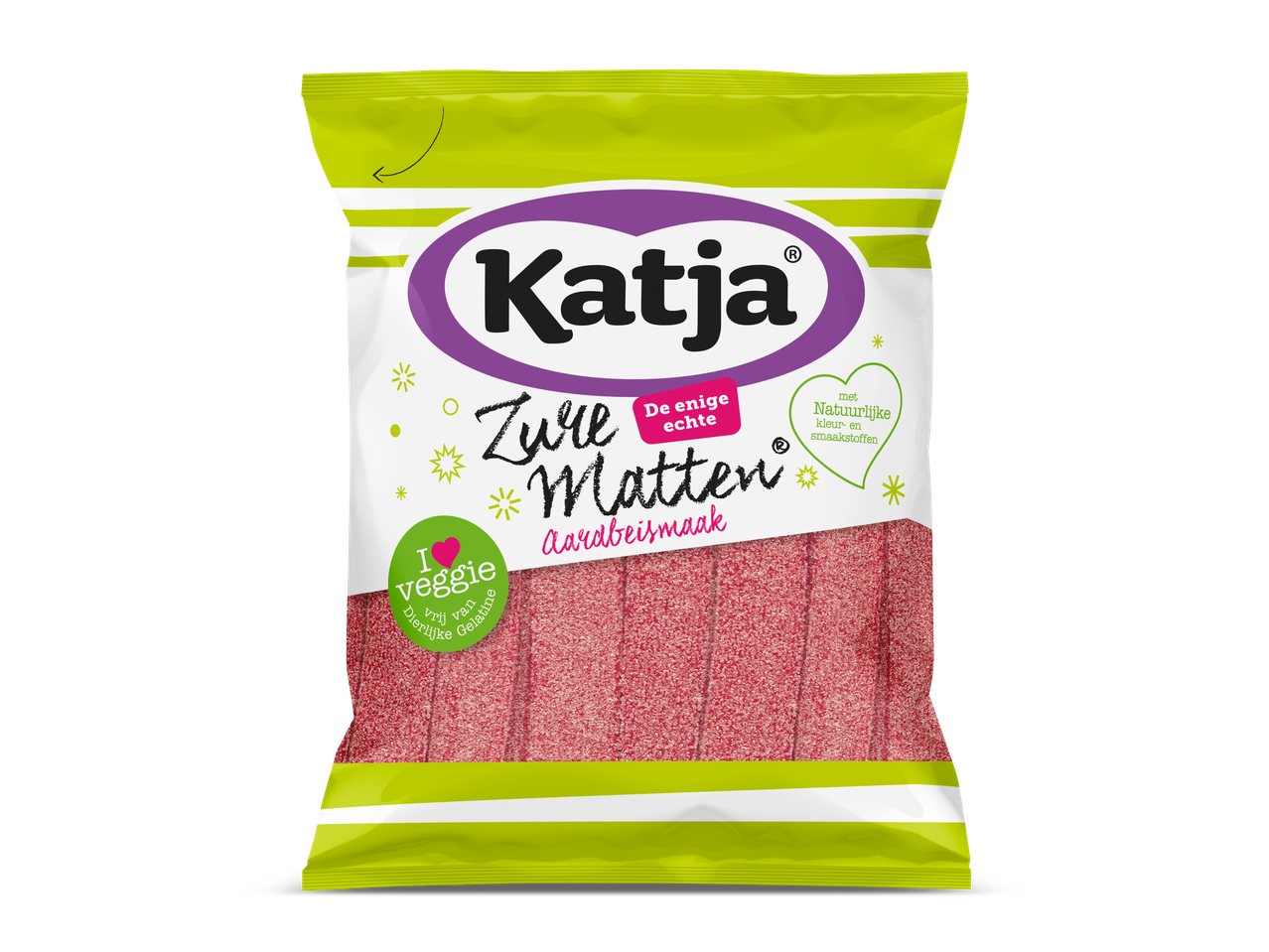 Katja Zure Aardbeien Matten snoepzak, veganistisch met natuurlijke kleur- en smaakstoffen.