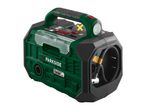 A green and black portable air compressor with a built-in flashlight and various control buttons.
