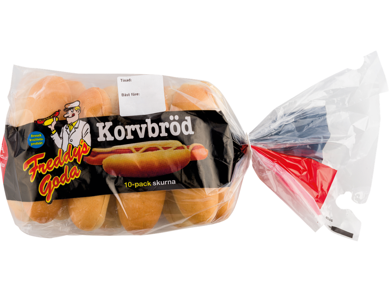 Förpackning med 10 Freddys Goda korvbröd.
