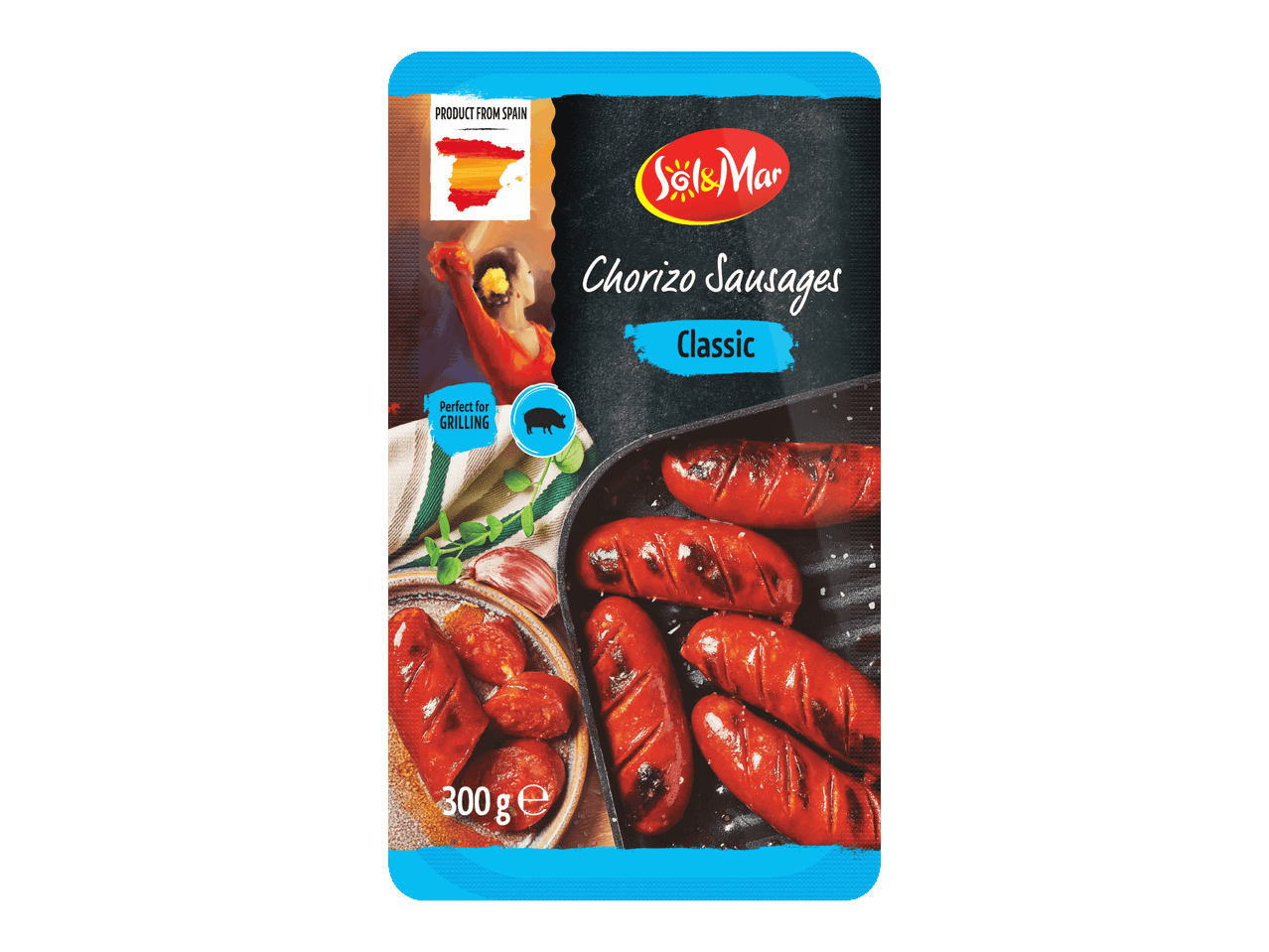 Chorizo-makkarapakkaus, jossa on kuvia grillatuista makkaroista ja espanjalaisesta tanssijasta.
