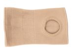 Beige knee support with an open patella design, made from knitted elastic fabric.