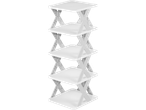 A five-tiered white plastic shelving unit with a gray X-shaped frame.