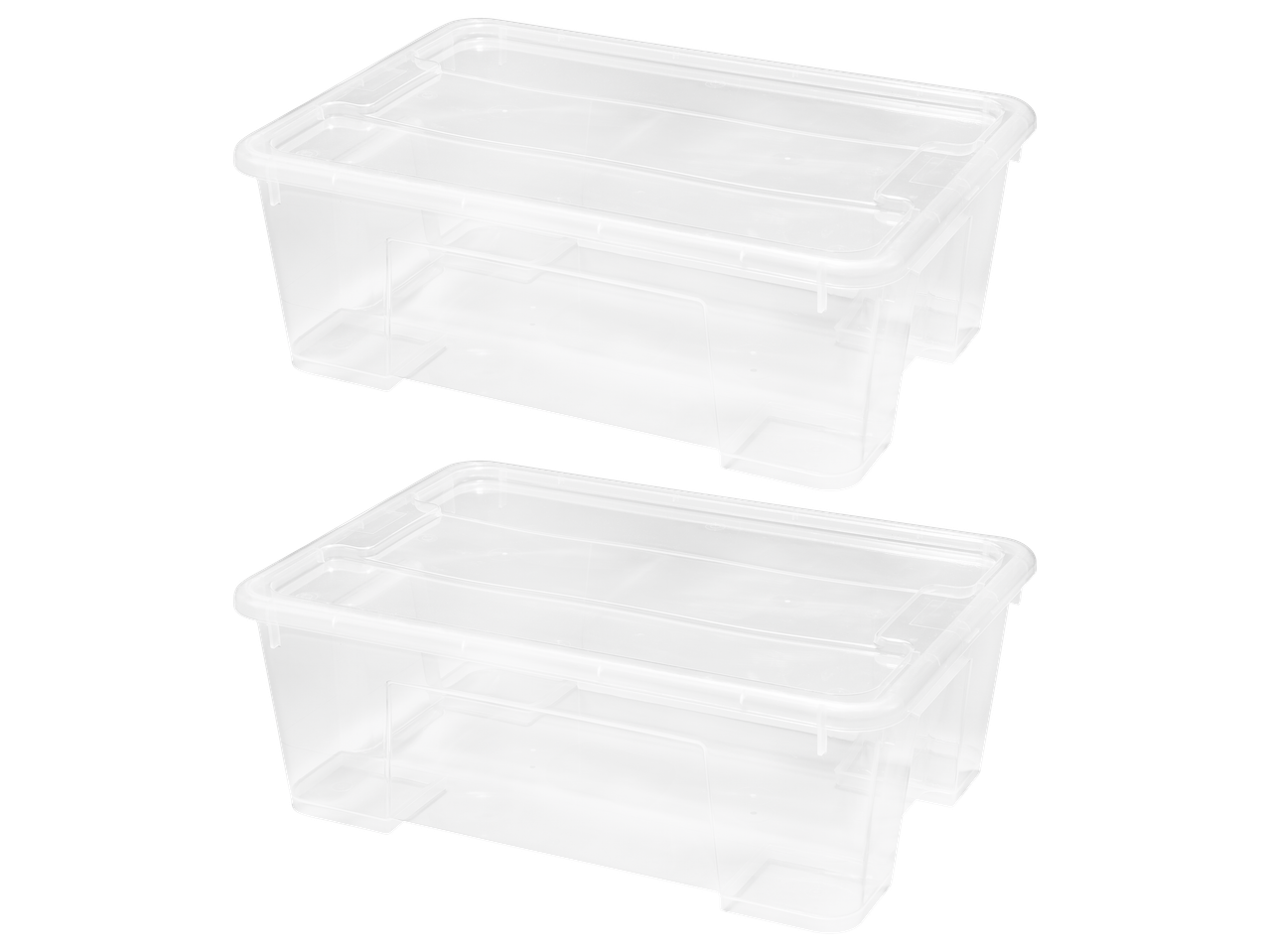 Două recipiente de depozitare din plastic transparent cu capace, stivuibile.