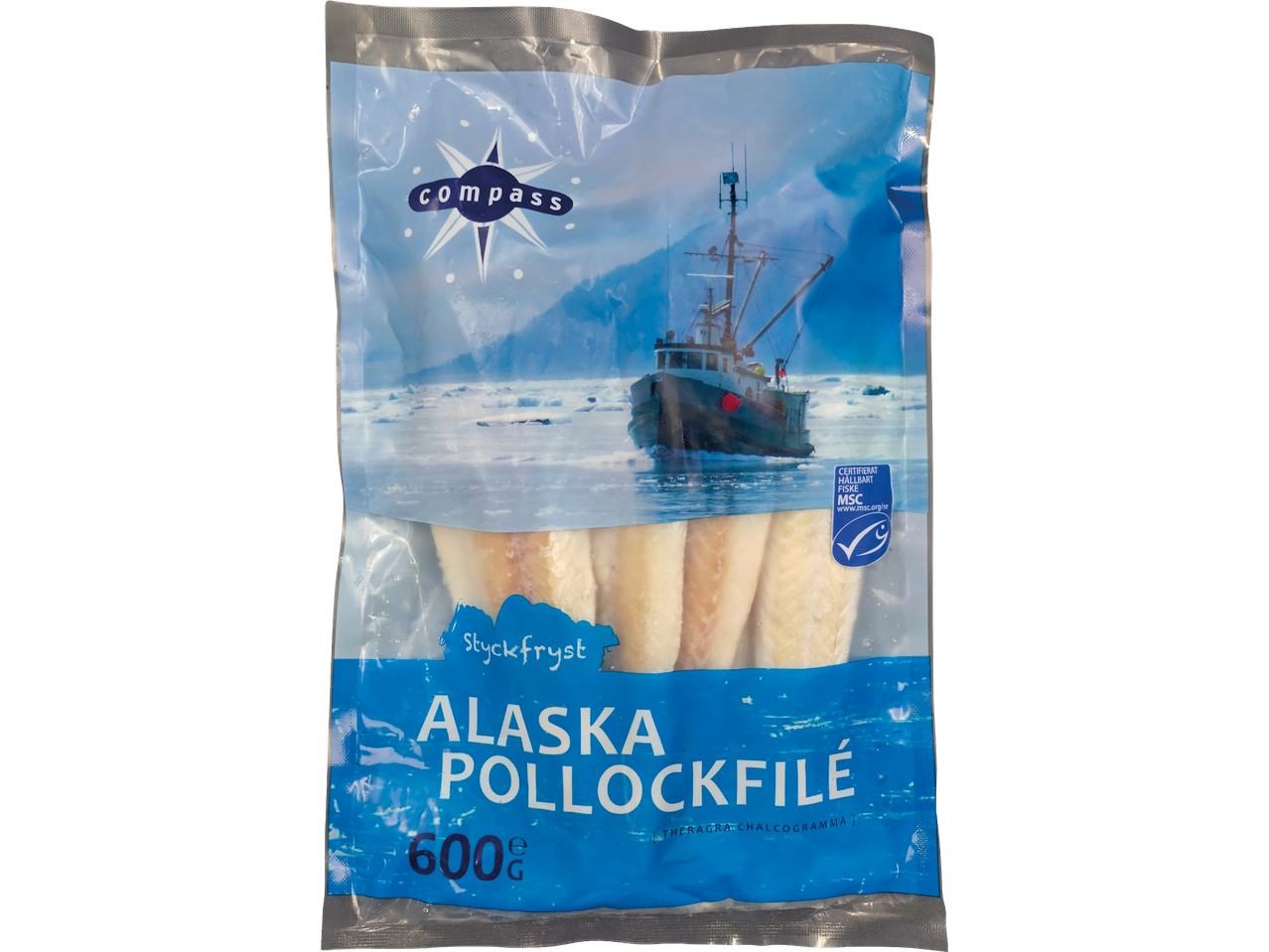 Förpackning med fryst Alaska Pollockfilé från Compass, 600g.