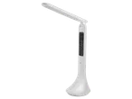 Lampă de birou albă cu ceas digital și funcție de alarmă.