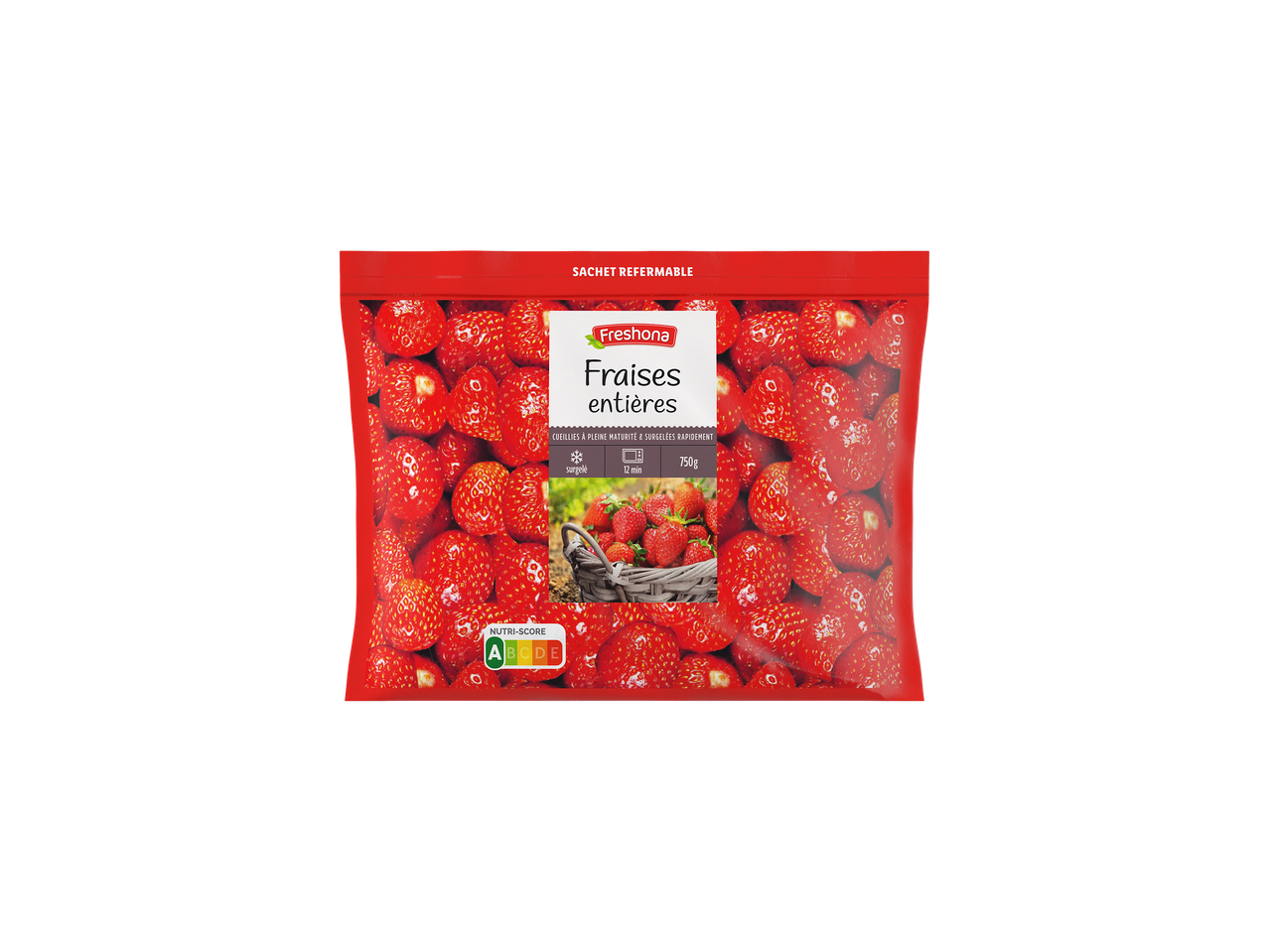 Sachet refermable de fraises entières surgelées, avec Nutri-Score A.