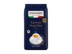 Dark blue bag of whole bean espresso coffee with a cup of coffee and coffee beans.