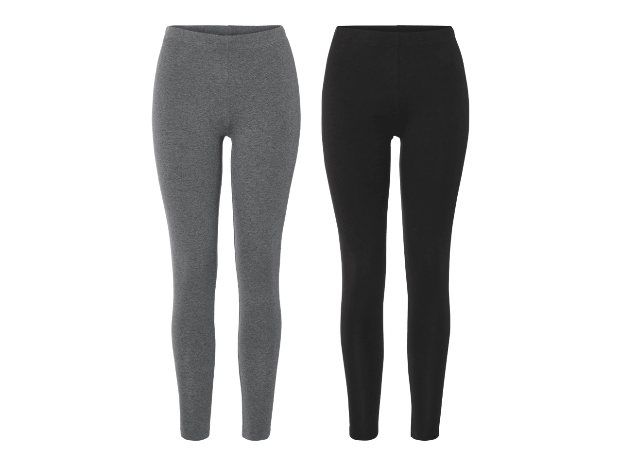 Kaksi paria leggingsejä: toiset harmaat ja toiset mustat.