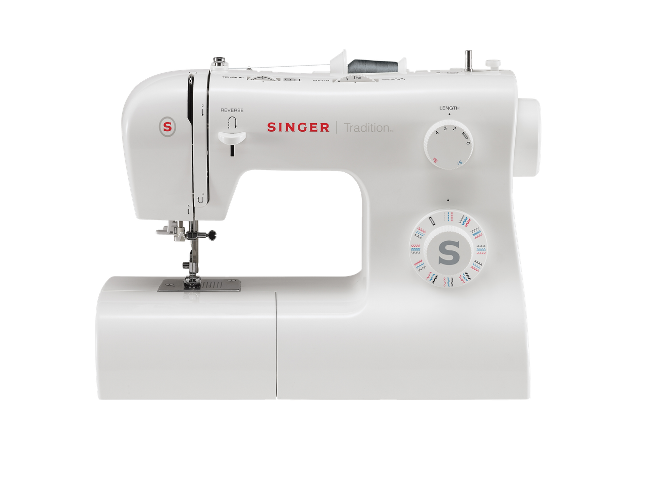 Balta Singer Tradition siuvimo mašina, matoma iš priekio.