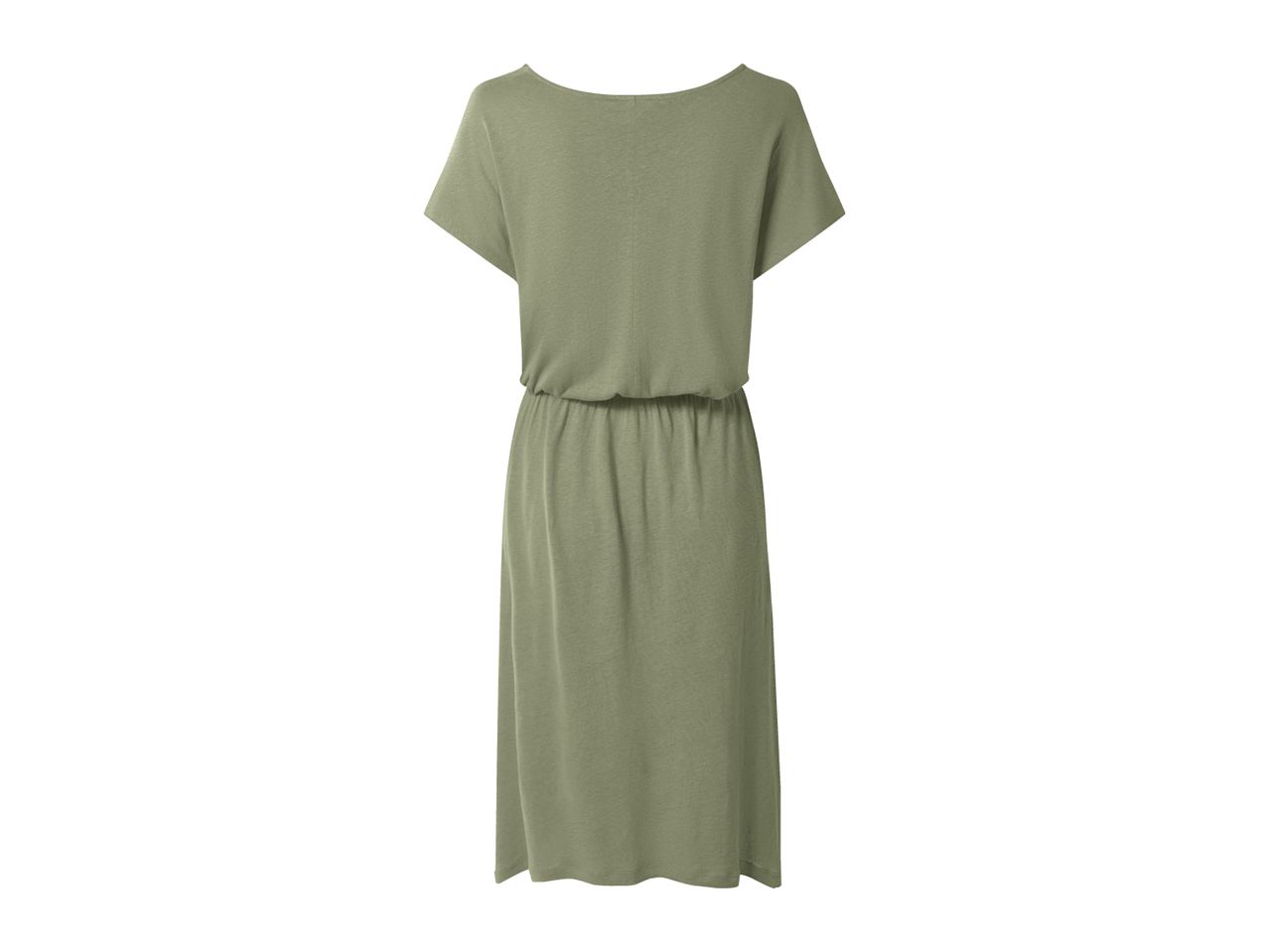 Back view of a women's short-sleeved midi dress in olive green with an elasticated waist.