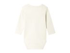 Back view of a plain white long-sleeved baby bodysuit.