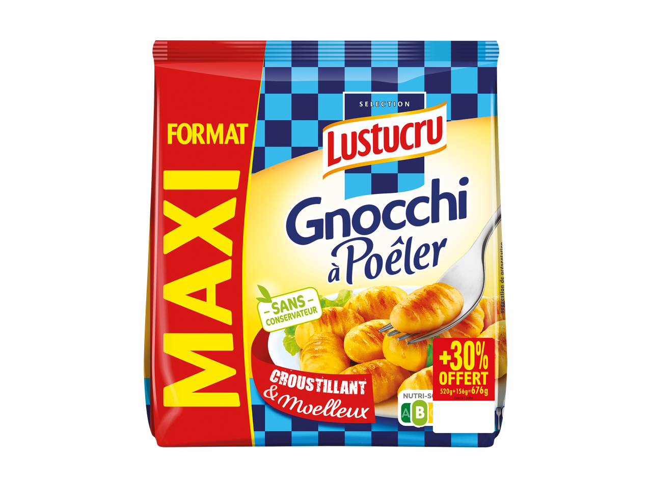 Paquet de gnocchis à poêler, croustillants et moelleux, sans conservateur, format maxi avec 30% offert.