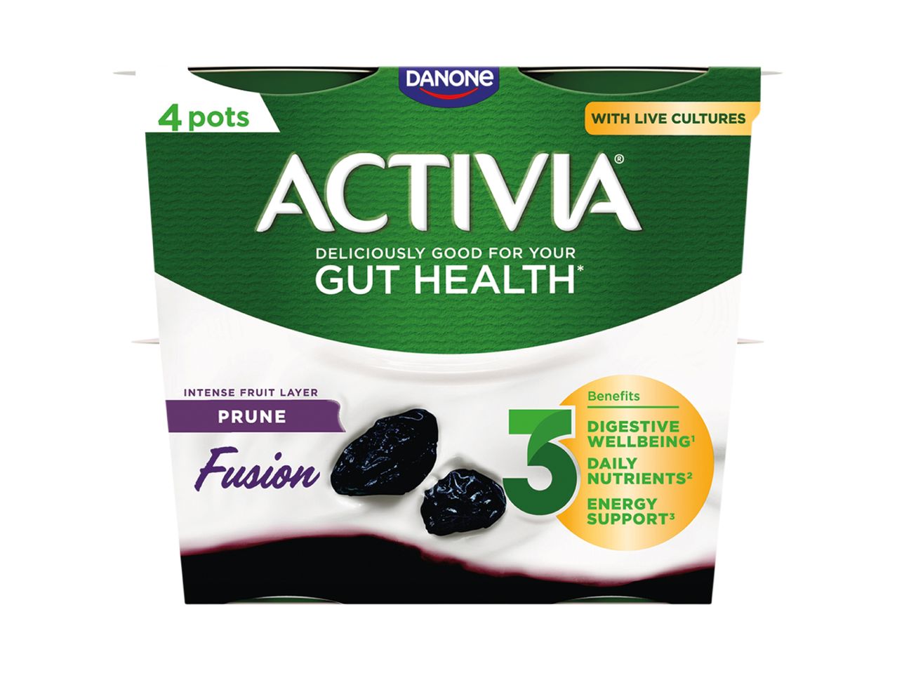 Four-pot yogurt pack with prunes, highlighting gut health, digestive wellbeing, and daily nutrients.