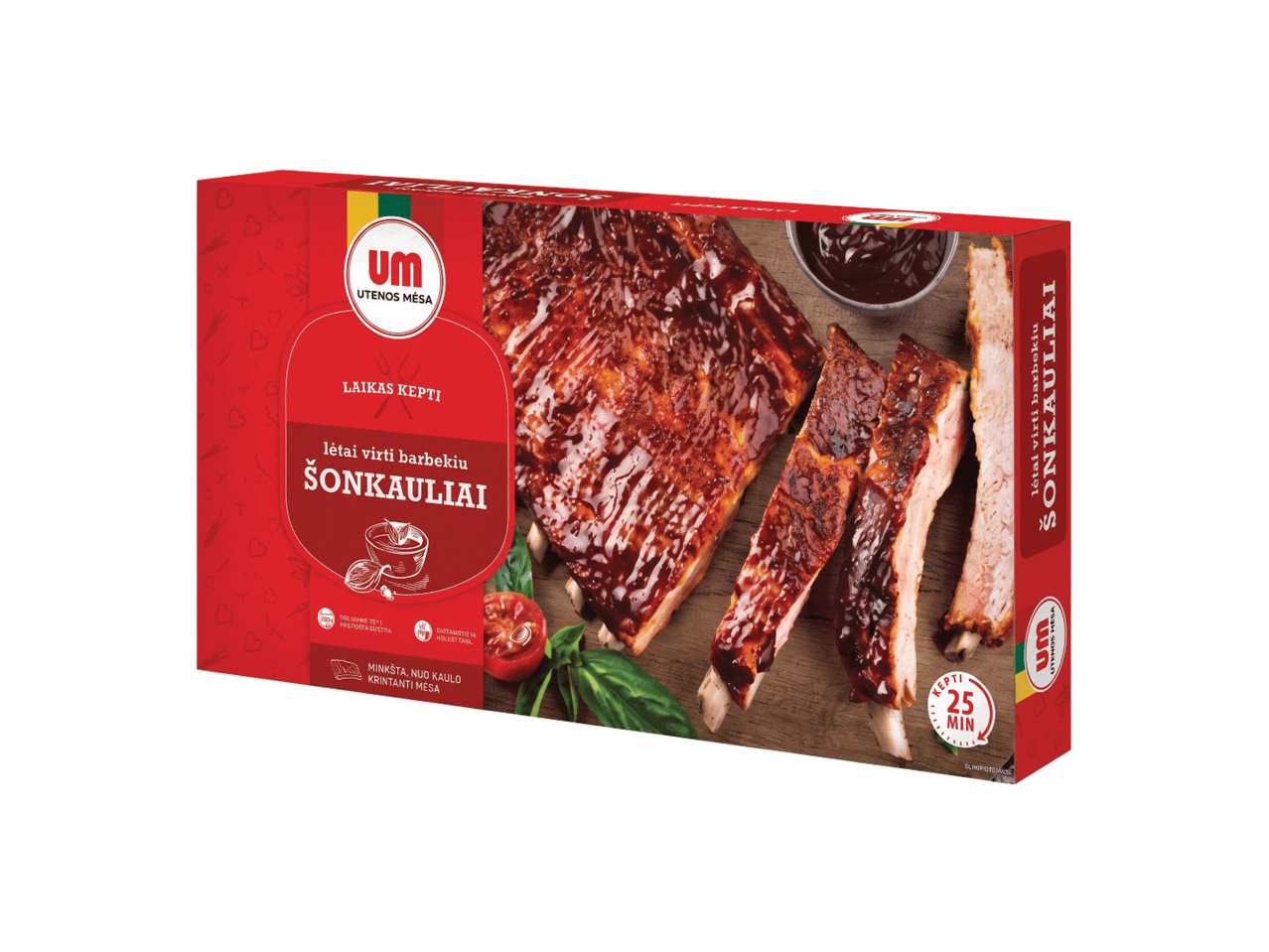 Pakuotė su lėtai virtais barbekiu šonkauliais, paruošiamais per 25 minutes.