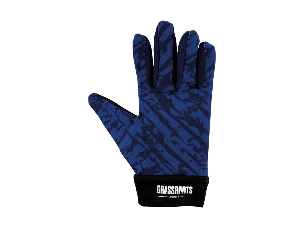 Blue sports glove with a dark blue abstract pattern and a black cuff with white text.