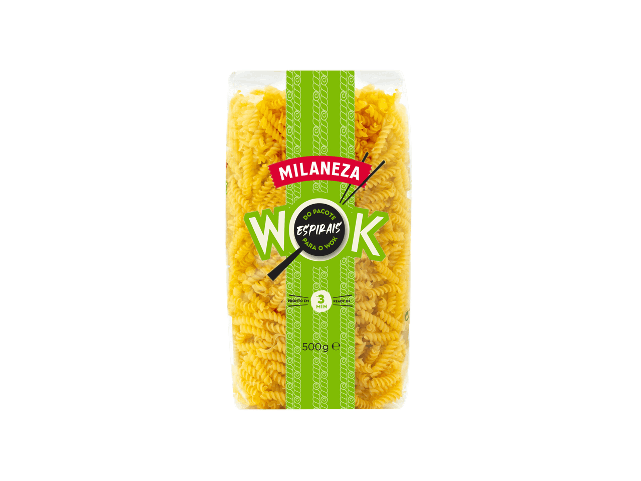 Pacote de massa fusilli amarela com rótulo verde e branco, pronto em 3 minutos.