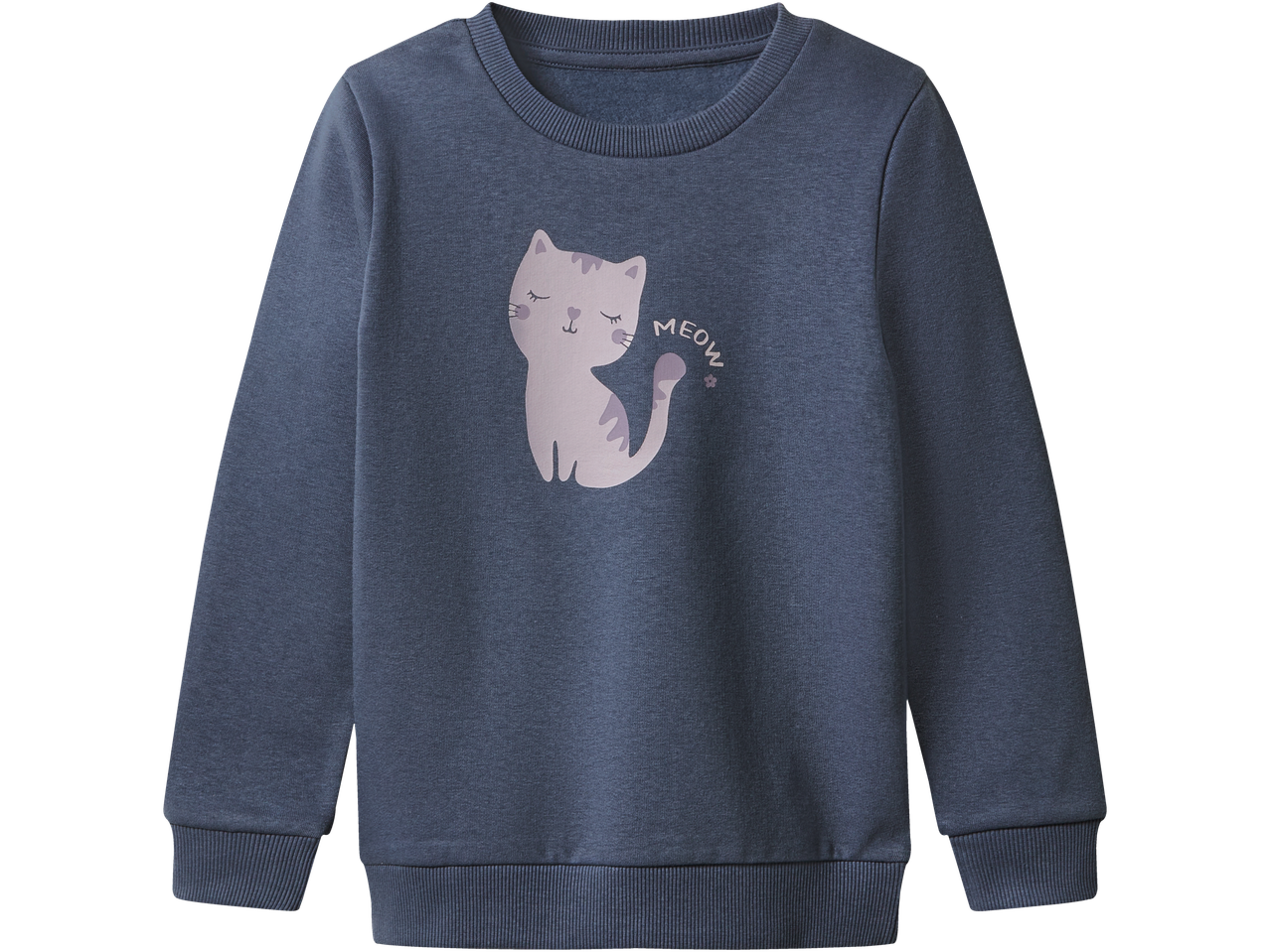 Tumši zils džemperis ar guļoša kaķa grafiku un uzrakstu „MEOW“.