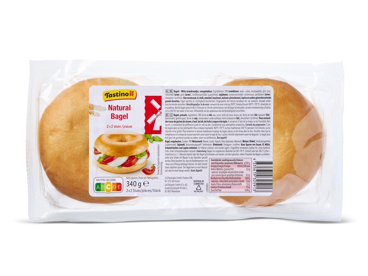 Verpakking met twee naturel bagels, met een Nutri-Score B en voedingswaarden.