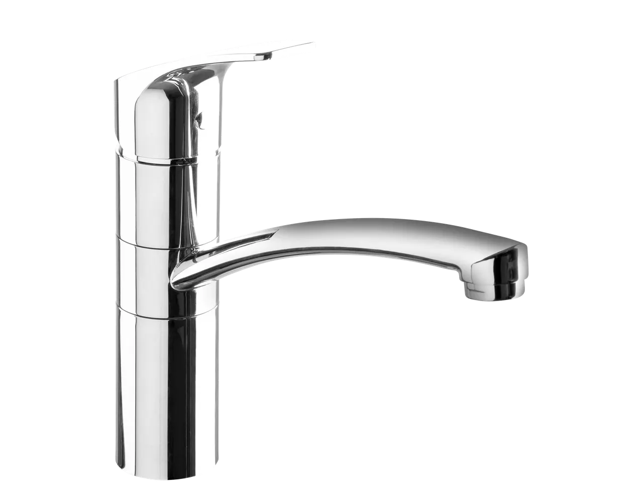 A sleek, modern chrome kitchen faucet with a high-arc spout.