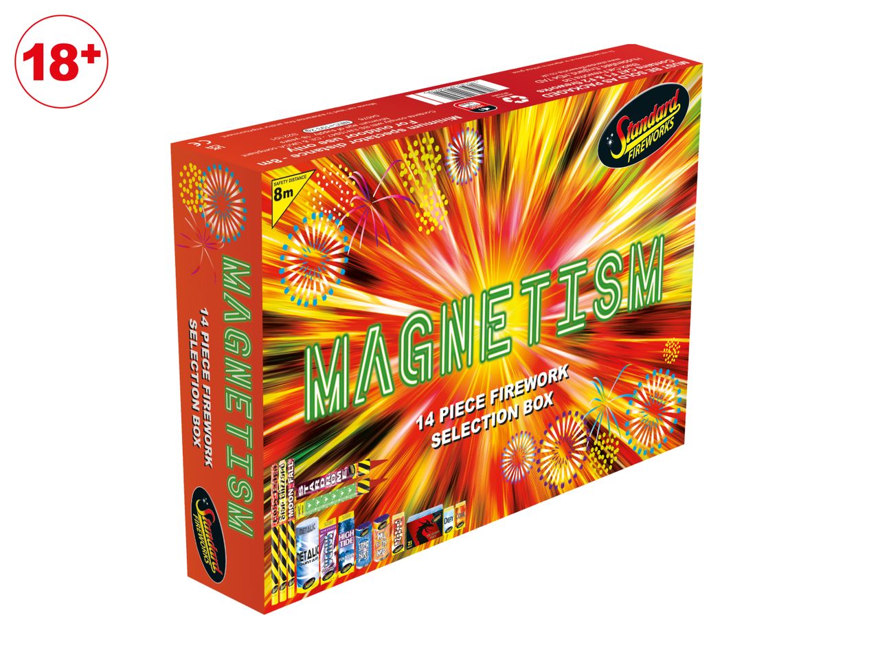 A box of 'Magnetism' 14-piece fireworks, including rockets, fountains, and selection boxes.