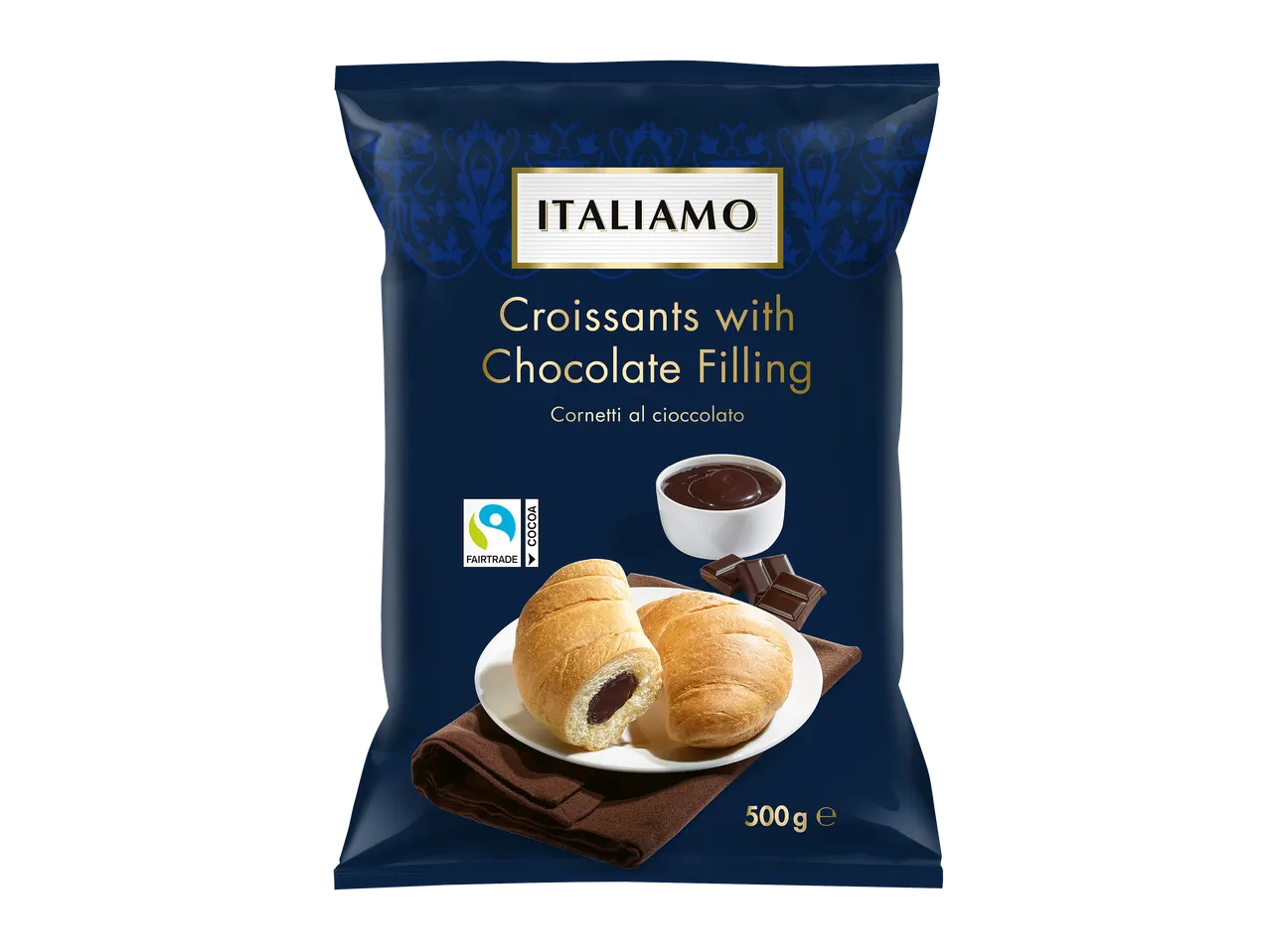 Sachet de croissants au chocolat avec le logo Fairtrade, 500g.