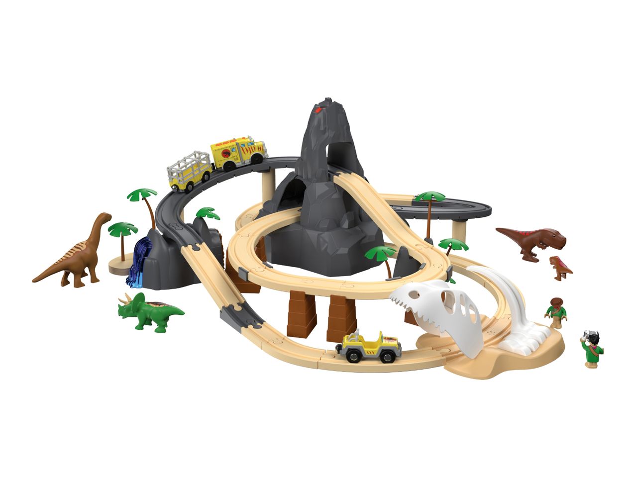 A dinosaur-themed toy train set with a volcano, tracks, vehicles, and dinosaur figures.