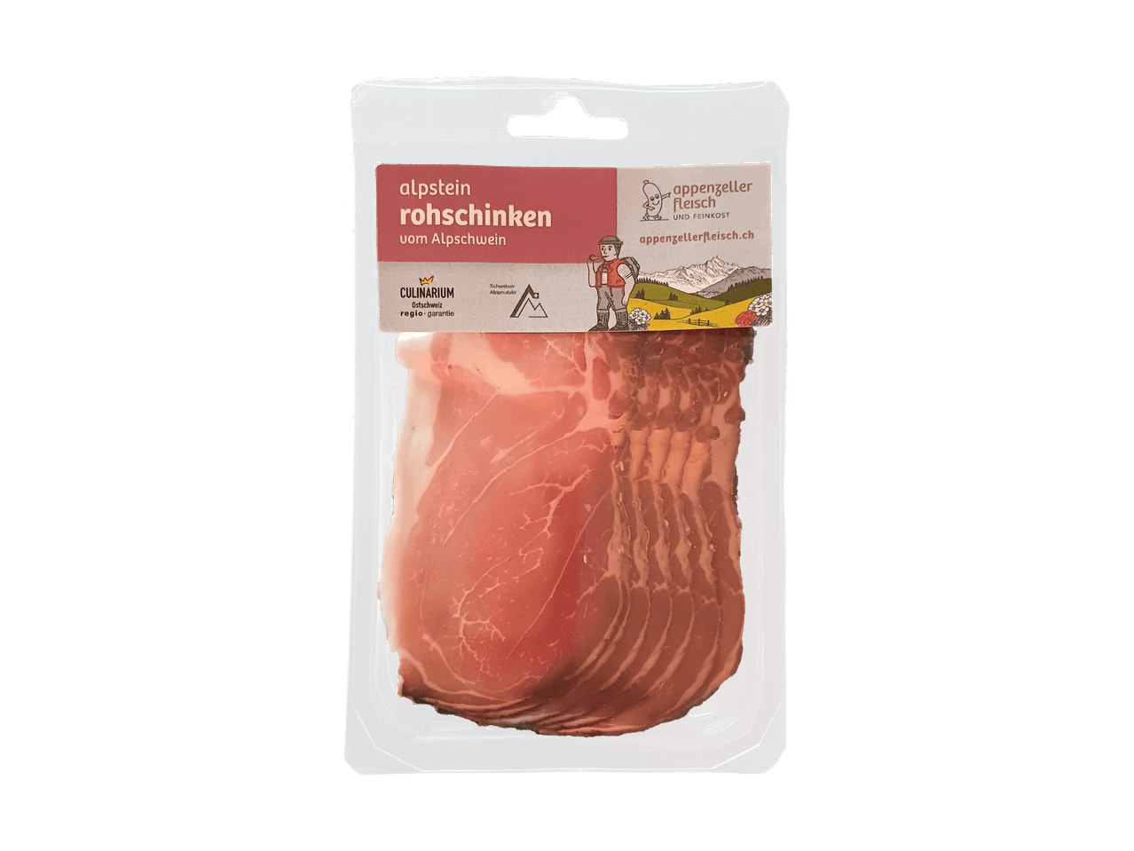 Jambon finement tranché avec des brins de thym, disposé sur une assiette.
