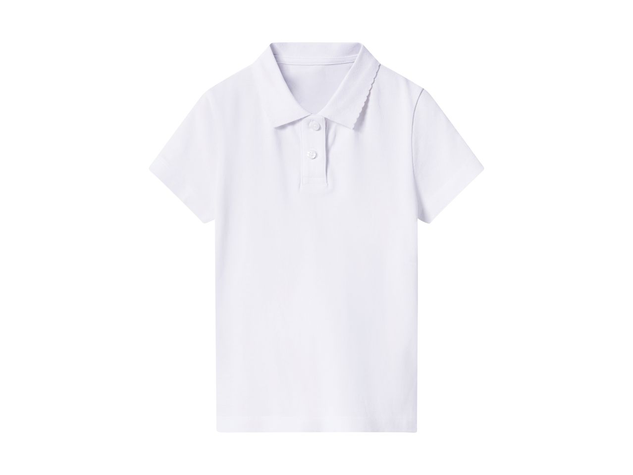 White short-sleeved polo shirt with a scalloped collar and two buttons.