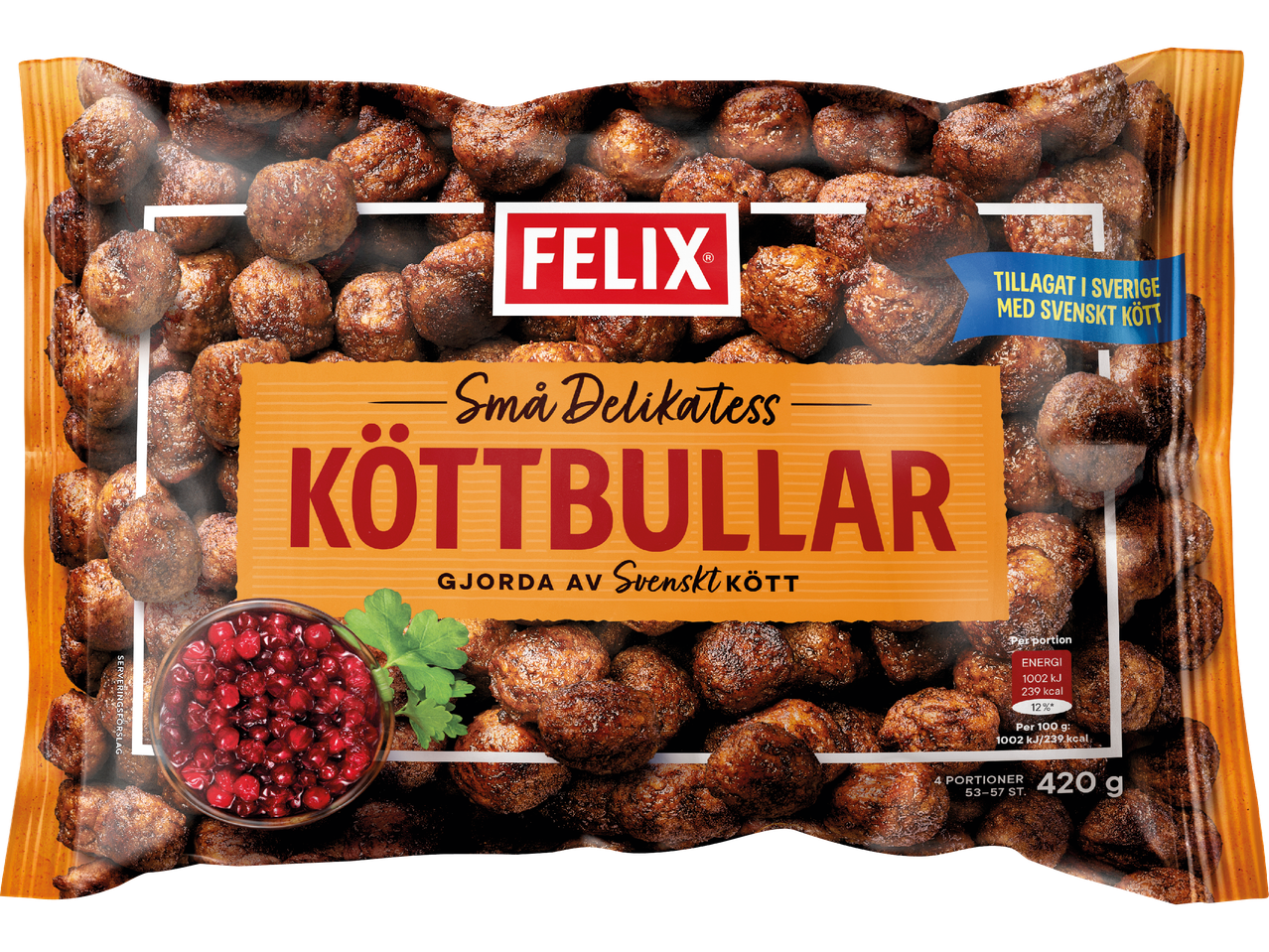 En förpackning Felix Köttbullar med bild lingonsylt och persilja som serveringsförslag.