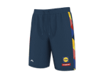 Dunkelblaue Shorts mit Kordelzug, farbigen Seitenstreifen und Logos auf dem rechten Bein.