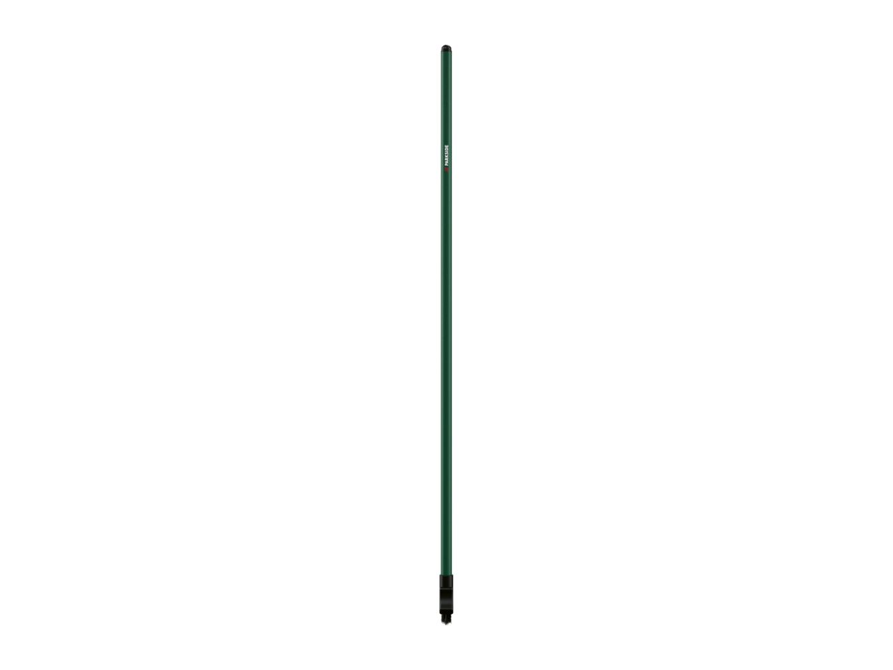A long, thin green garden tool with a black tip and a small brush at the bottom.